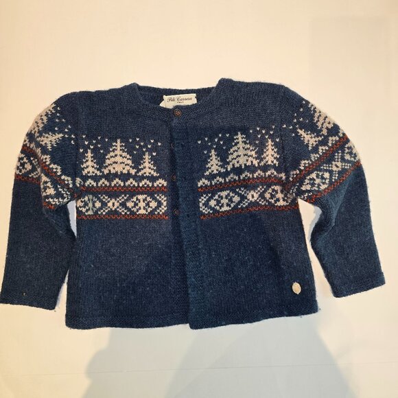 Pili Carrera Kids Wool Knit Cardigan – Made in Spain – Blue Fair Isle Pattern - Picture 1 of 5